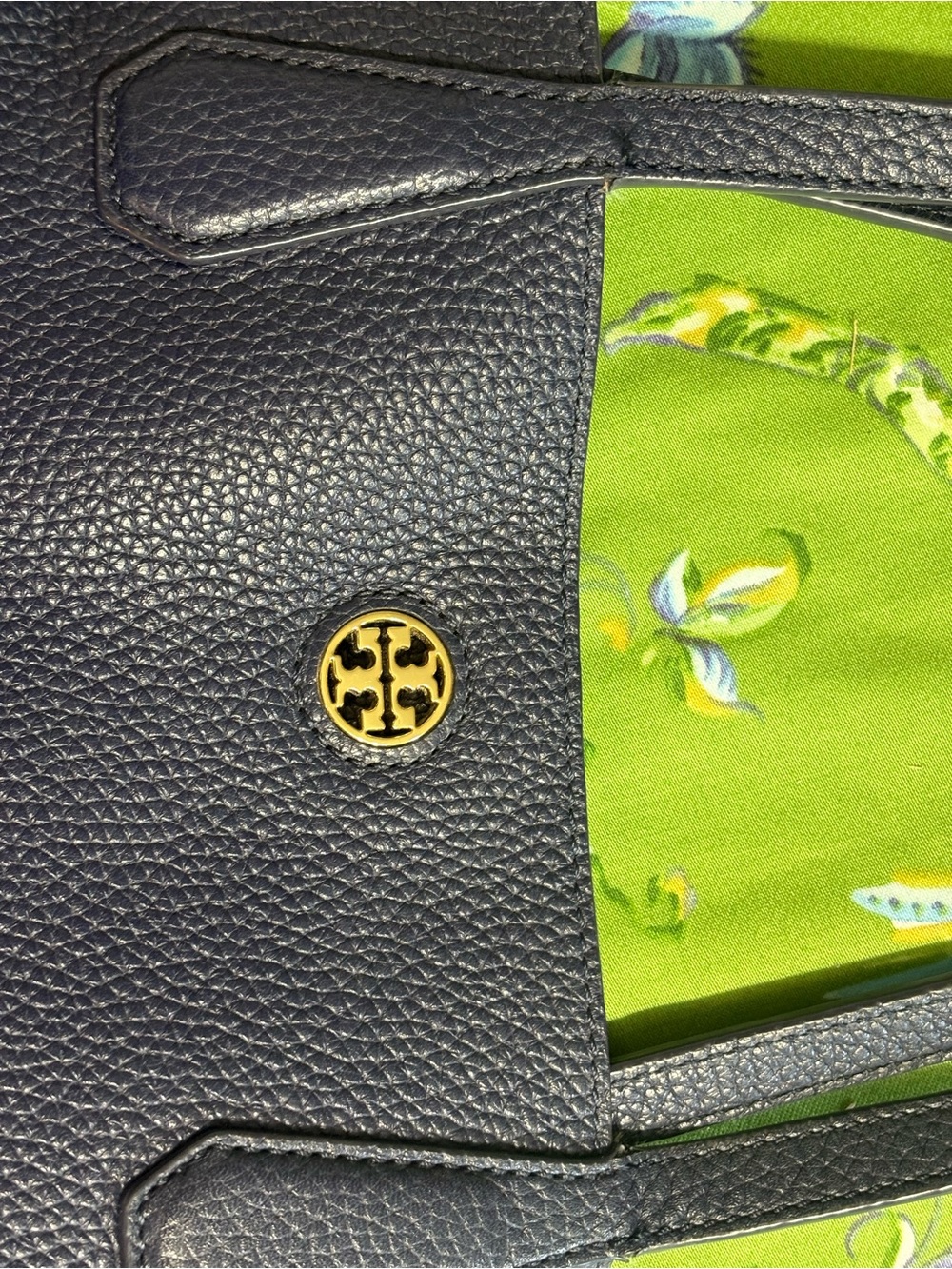 Tory Burch navy Pebbled Leather Tote with Logo Medallion 
17x11” bottom is 6” - Picture 7 of 9